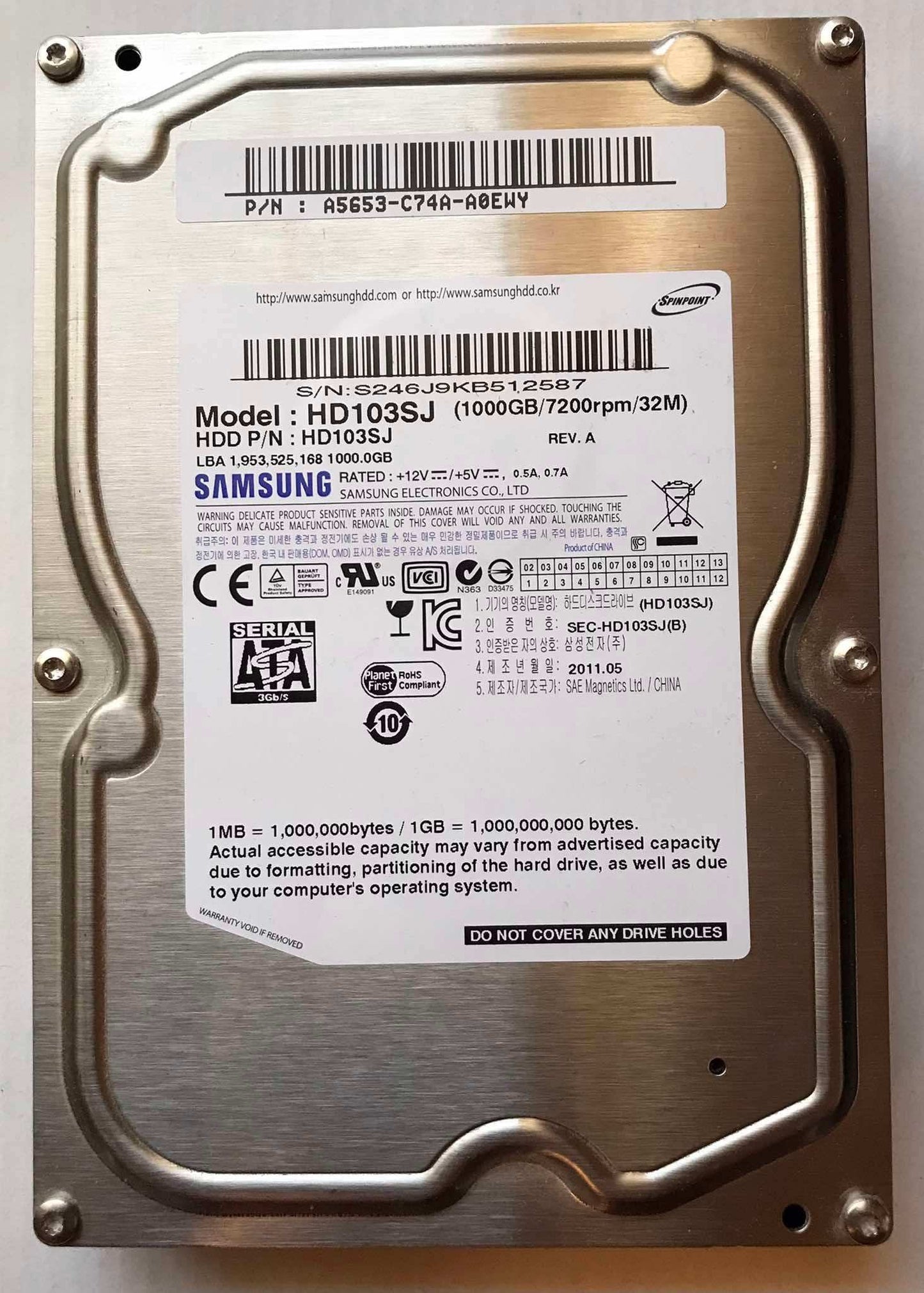 1TB Samsung 3.5" HDD, Model HD103SJ, 7200 RPM, SATA Magretro