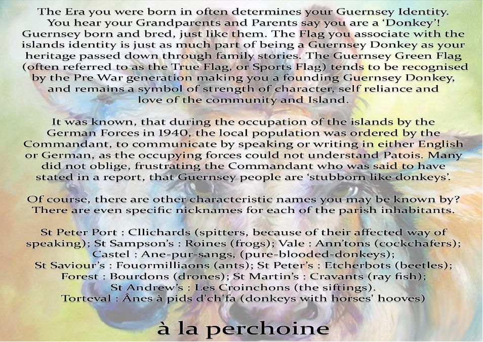 Text about Guernsey identity, flag, and local nicknames with a colorful background.