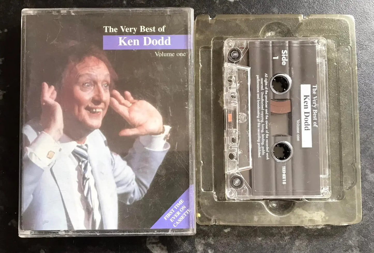 Vintage Ken Dodd "The Very Best Of" cassette with clear case, inlay, and tape visible.
