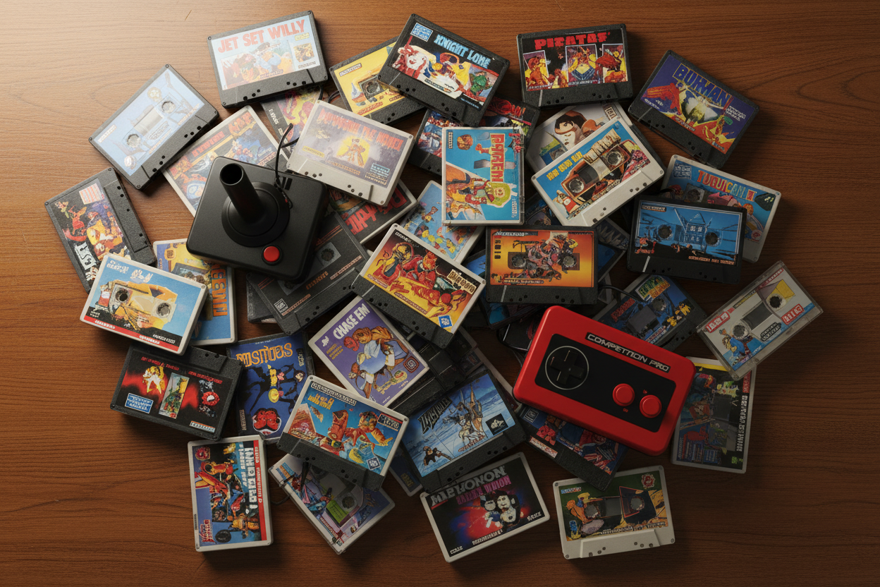 Retro Cassette Pile with Joysticks