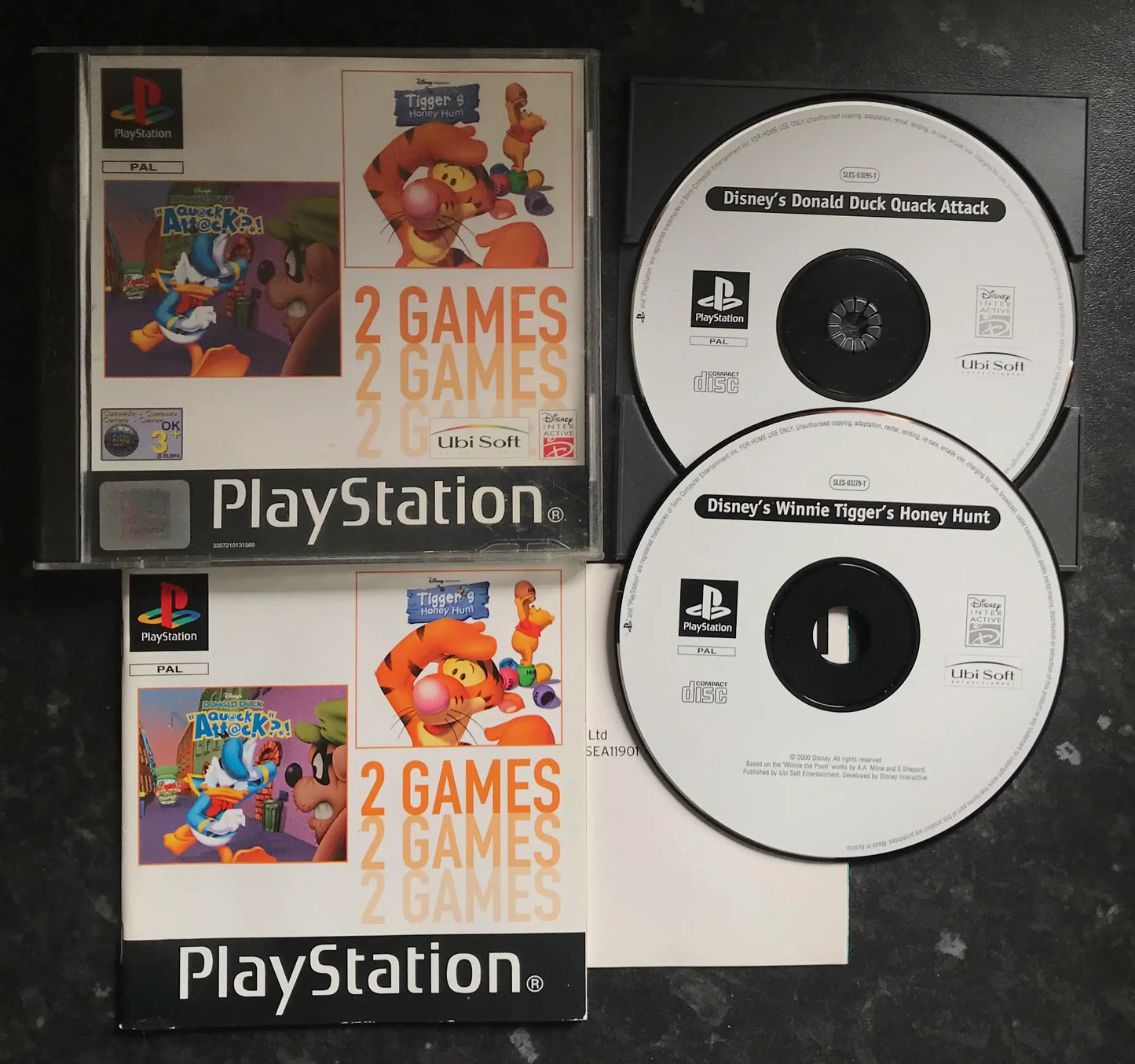2 Games, Tigger's Honey Hunt and Quack Attack , PS1 Playstation One Game Boxed Magretro