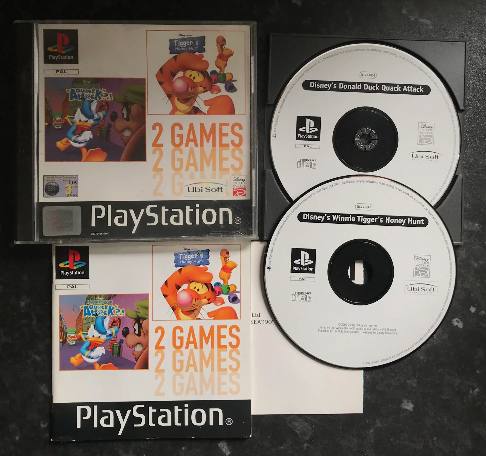 2 Games, Tigger's Honey Hunt and Quack Attack , PS1 Playstation One Game Boxed Magretro