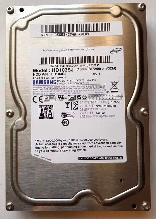 1TB Samsung 3.5" HDD, Model HD103SJ, 7200 RPM, SATA Magretro