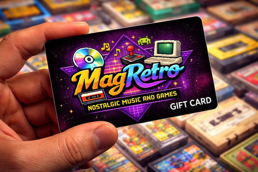 Gift card with 'MagRetro' branding held by a hand, with vintage video game cases in the background.