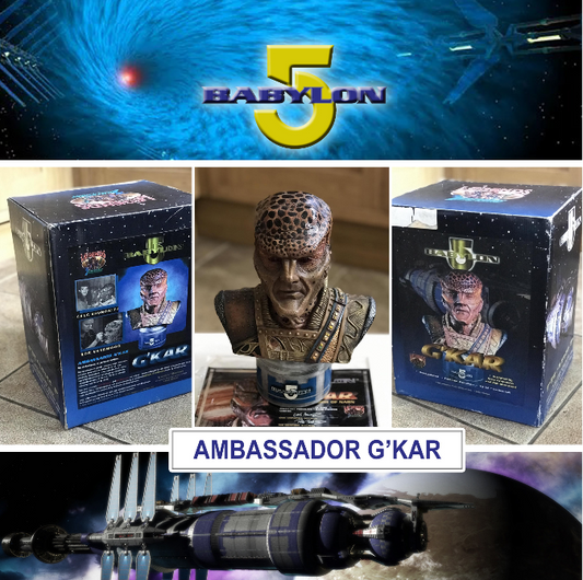 Collage of 'Babylon 5' themed items including a bust and boxes with character images.
