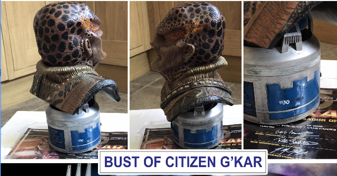 Bust of Citizen G'Kar with R2-D2 design, displayed on a stand.