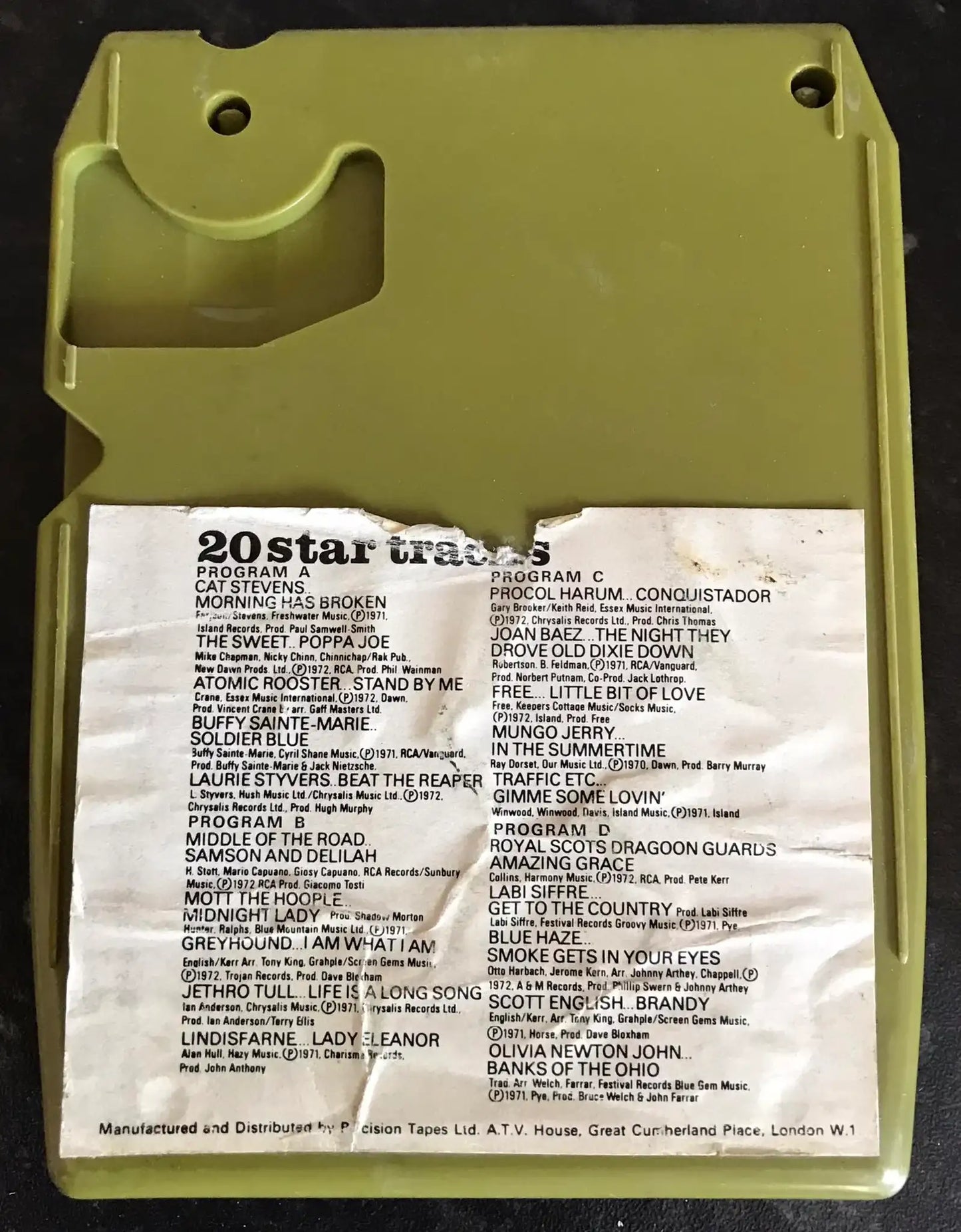20 Star Tracks 1972, Vol I, 8 TRACK Vintage Cartridge, Ronco, Y8PP 2001 Magretro