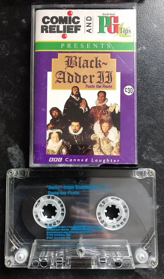 Cassette tape with 'Blackadder II' cover featuring characters from the series on a dark background.