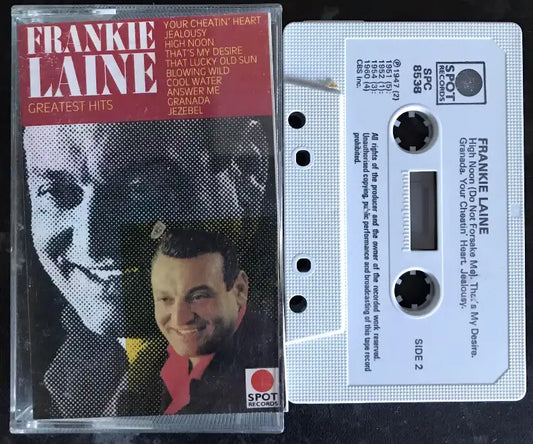Vintage Frankie Laine Greatest Hits cassette tape with clear case and white tape, Spot Records SPC 8538.