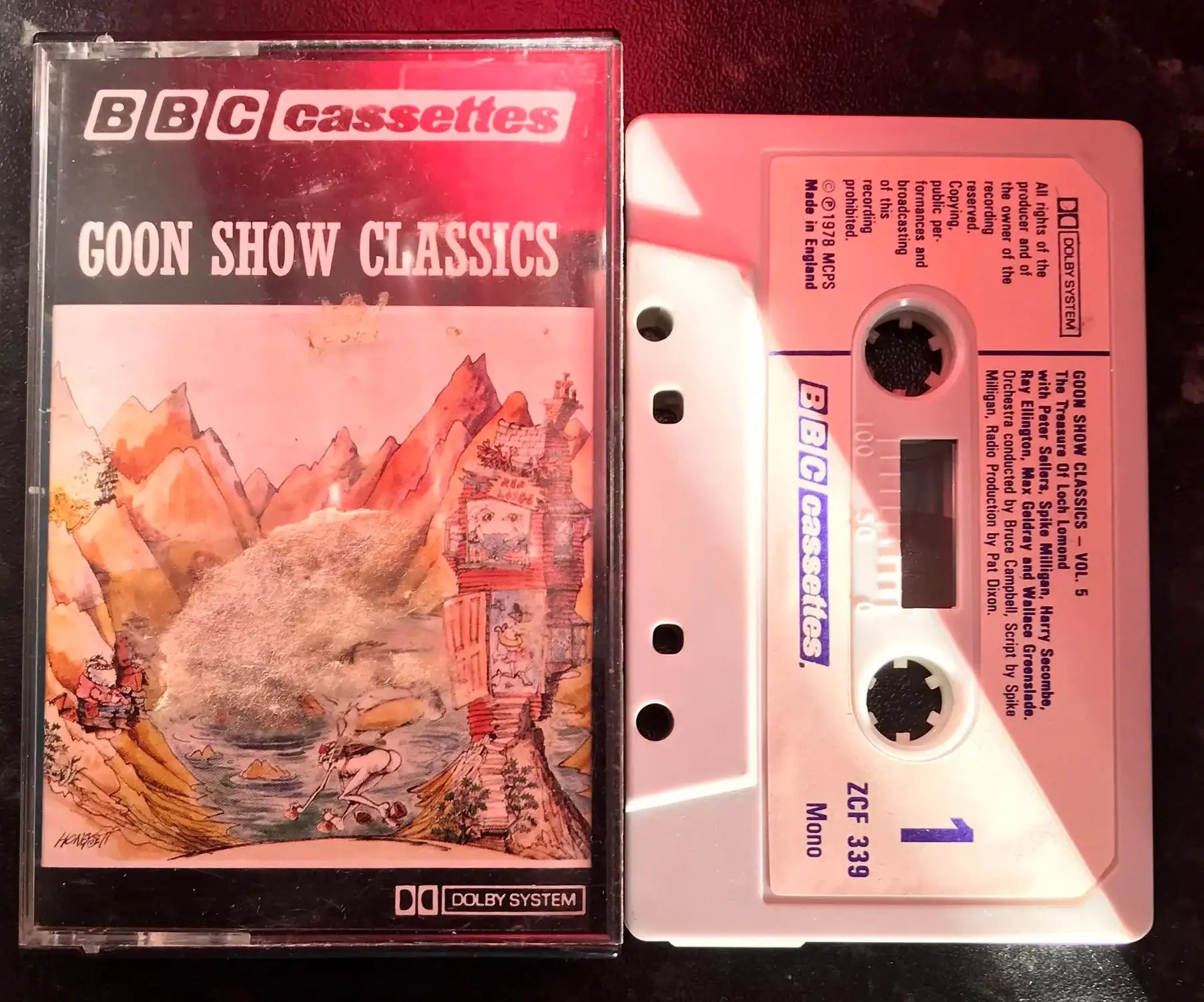 Vintage Goon Show Classics Vol 5 BBC cassette with colorful illustrated cover and white tape.