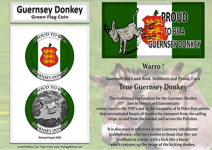Guernsey Donkey Green Flag Coin with donkey illustration and text on a green background