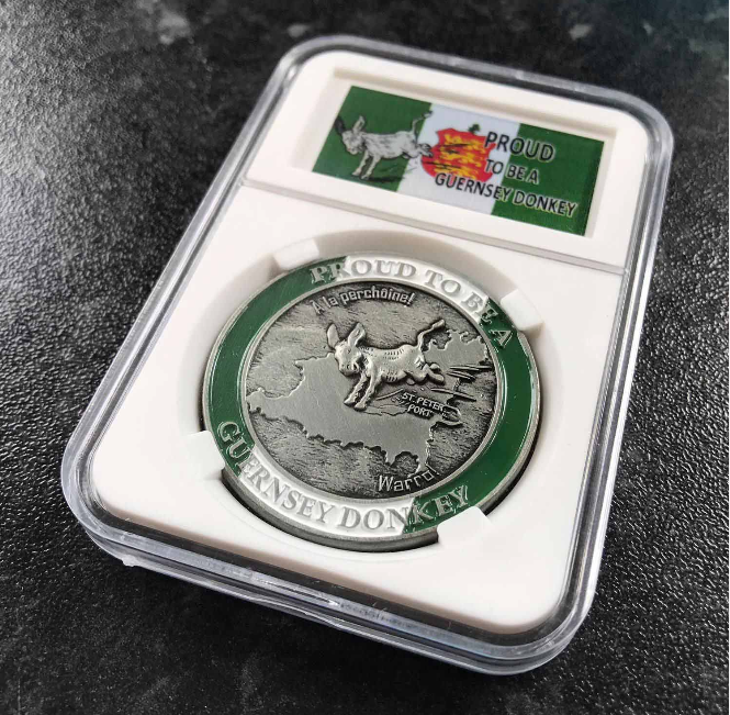 Silver coin with Guernsey donkey design in a protective case on a dark surface