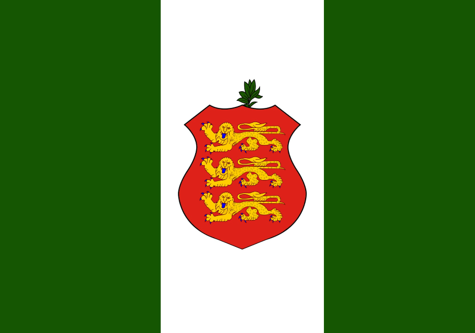 Flag with a red shield featuring yellow lions on a green and white background