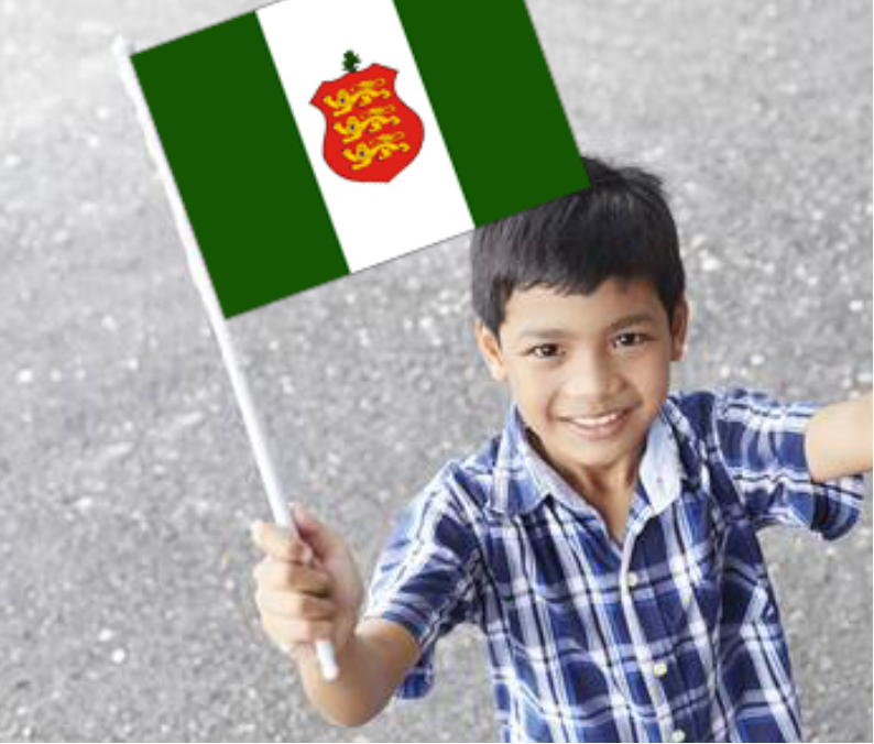 Child holding a flag with a crest on a glittery background