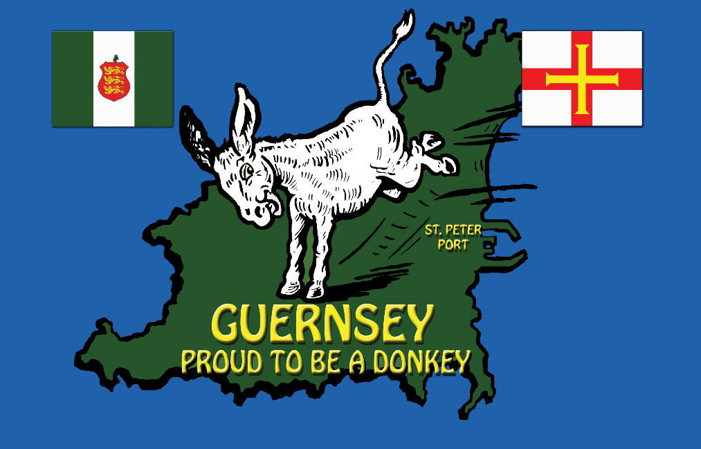 Map of Guernsey with a donkey illustration and two flags on a blue background