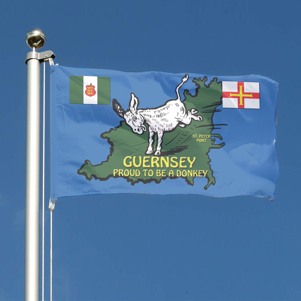 Flag of Guernsey with a donkey design and two smaller flags on a blue background