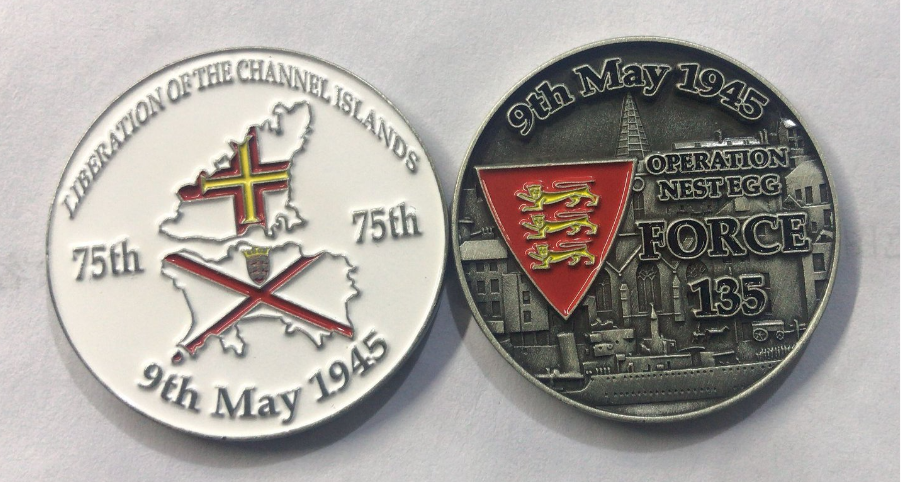 Two commemorative coins with text and graphics on a light gray background