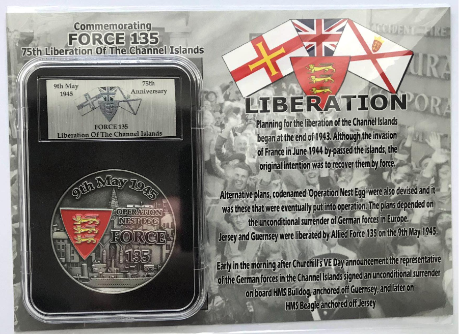 Commemorative coin and card set for Force 135 Liberation of the Channel Islands, featuring text and flags.