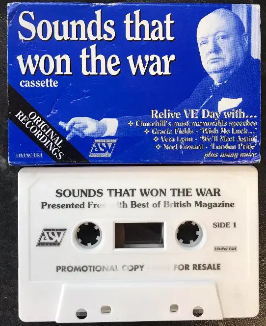 Vintage "Sounds that won the war" cassette with blue cardboard sleeve featuring Churchill and a white promotional tape.