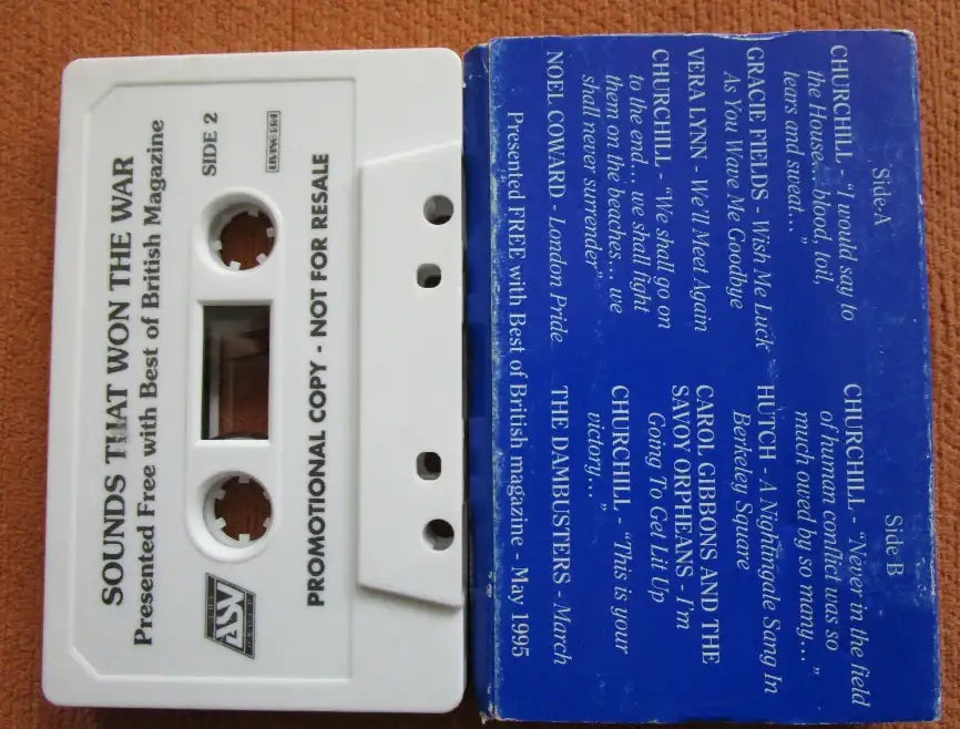 White vintage cassette tape "Sounds That Won The War" with blue cardboard sleeve listing wartime speeches and songs.